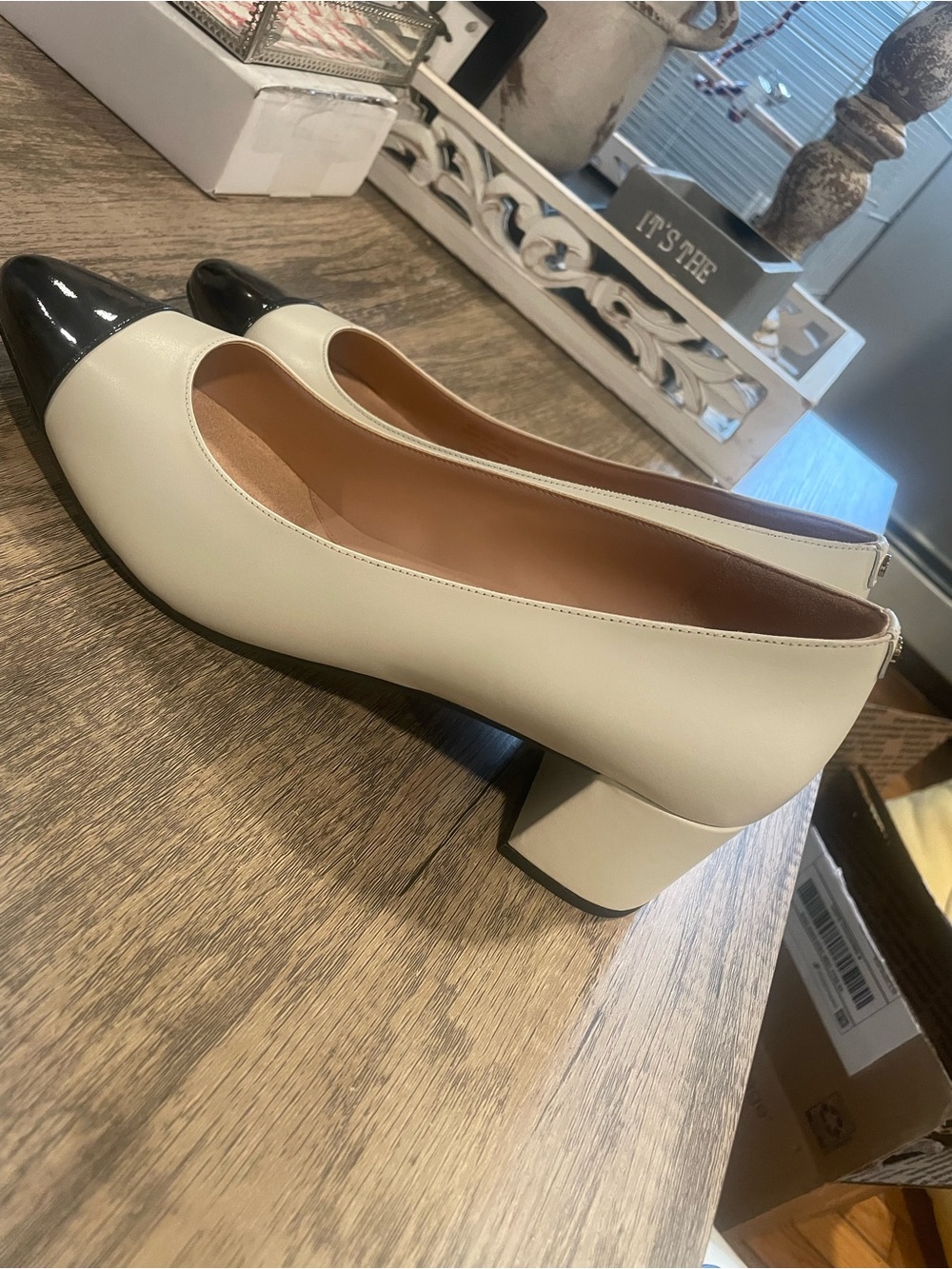 Cole Haan Cream and Black Cap-Toe Block Heel Pumps